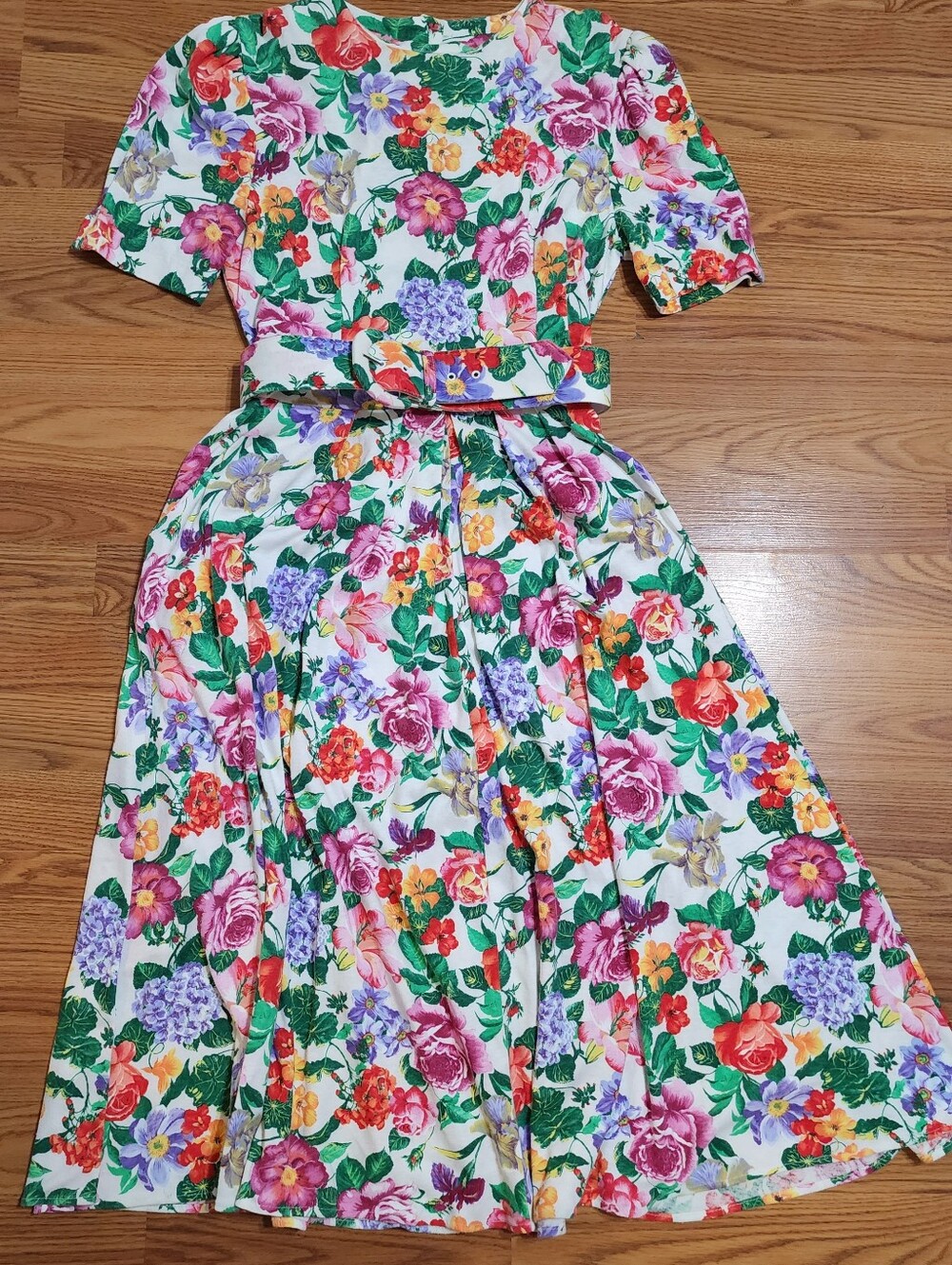 Vtg 80s 90s Floral Fit Flare Dress Belted Full Skirt Cottagecore Garden Party - Picture 2 of 13